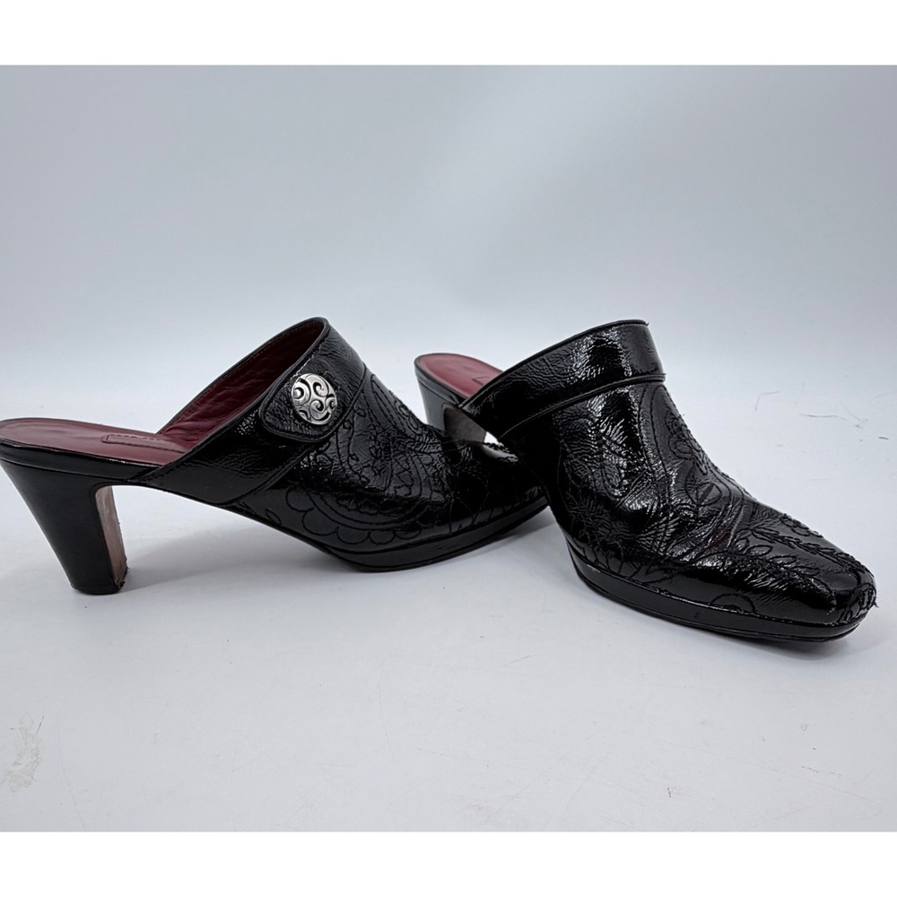 Brighton Tattoo Mules Womens 8M Black Embossed Patent Leather Heels Medallion